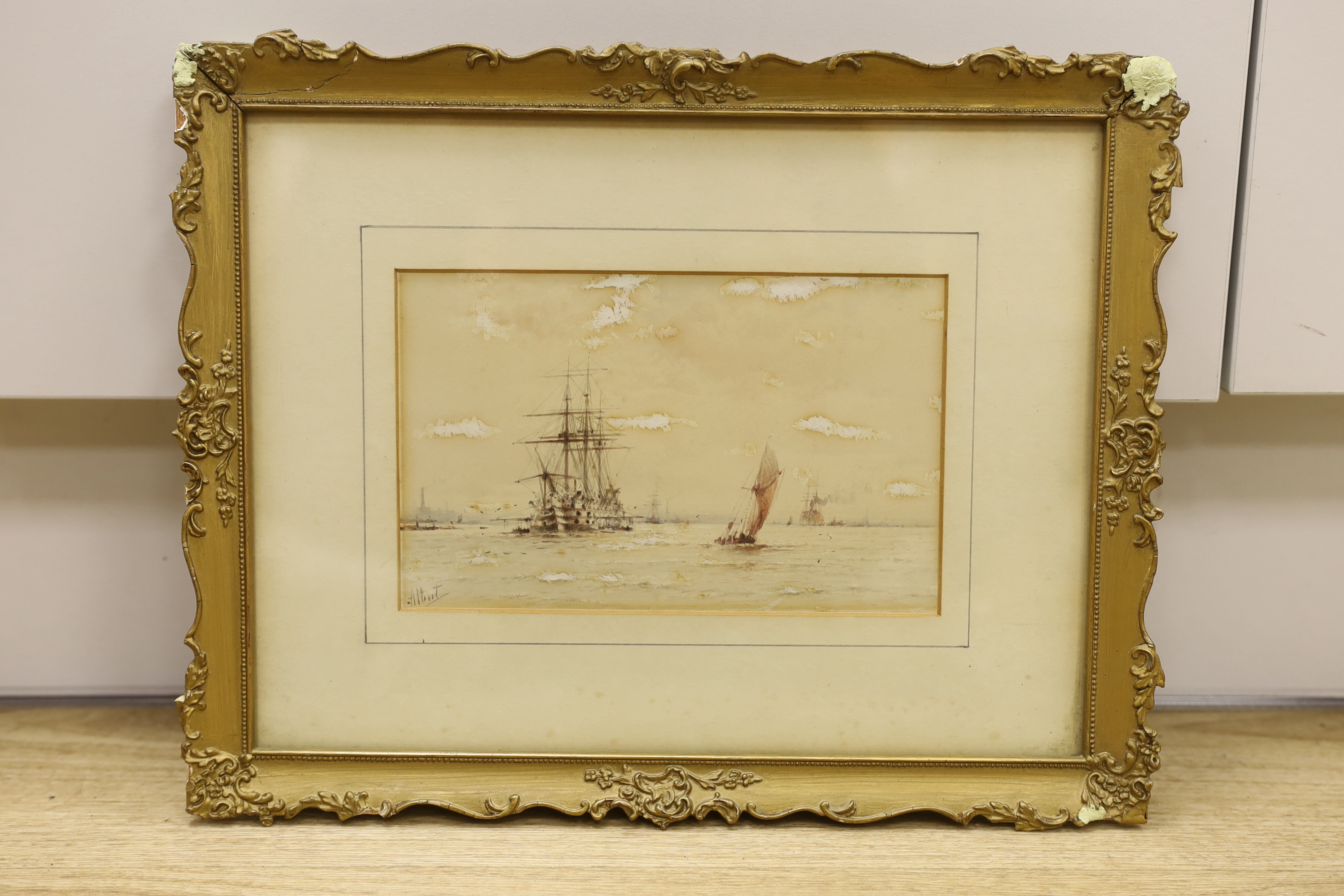 Albert Ernest Markes (1865-1901), watercolour, 'Training ship on the Thames', signed, together with Frederick James Aldridge (1850-1933), watercolour, 'Littlehampton', largest 17 x 27cm